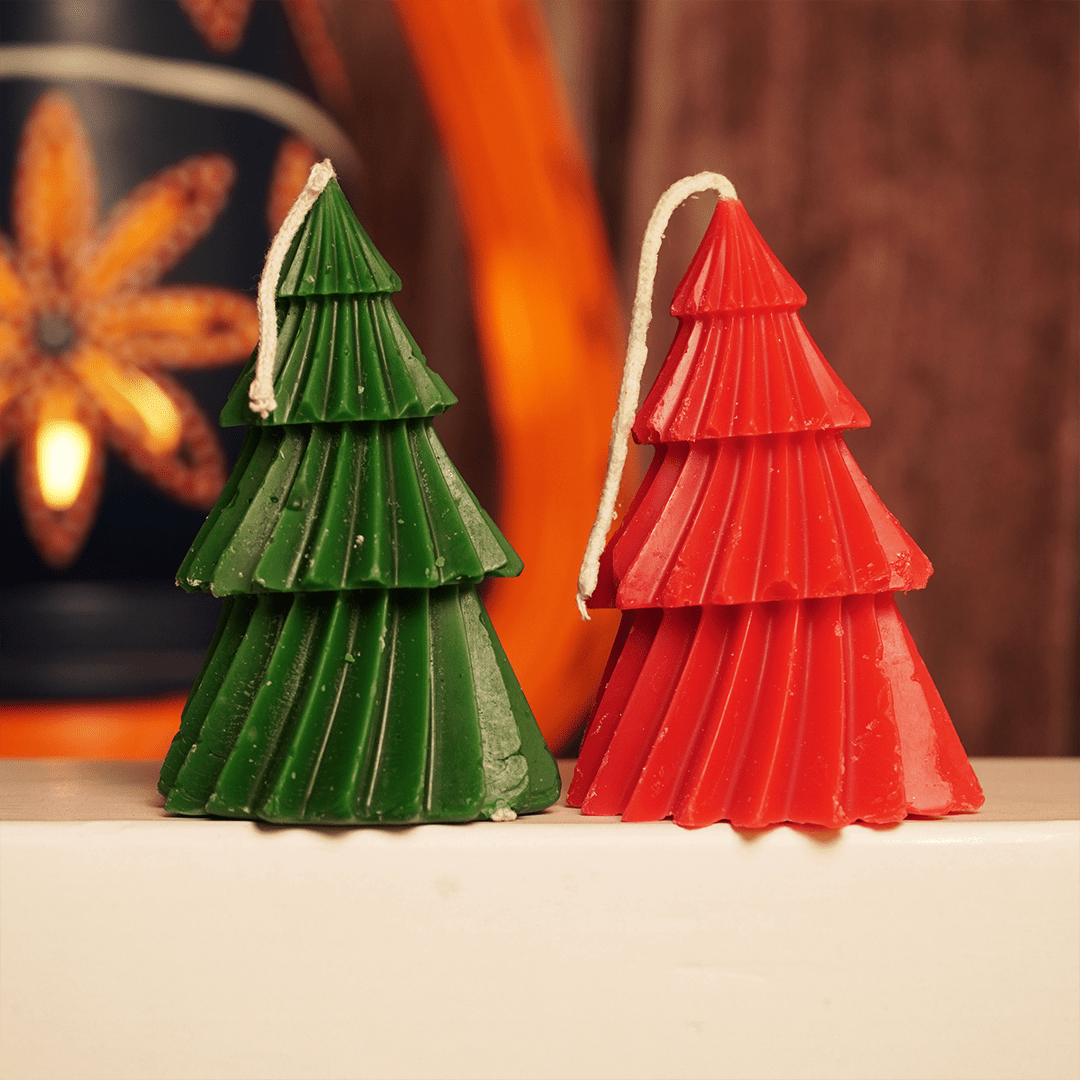 Set-2 Red and Green Christmas Tree Shape Decorative Candle - Memories Insite