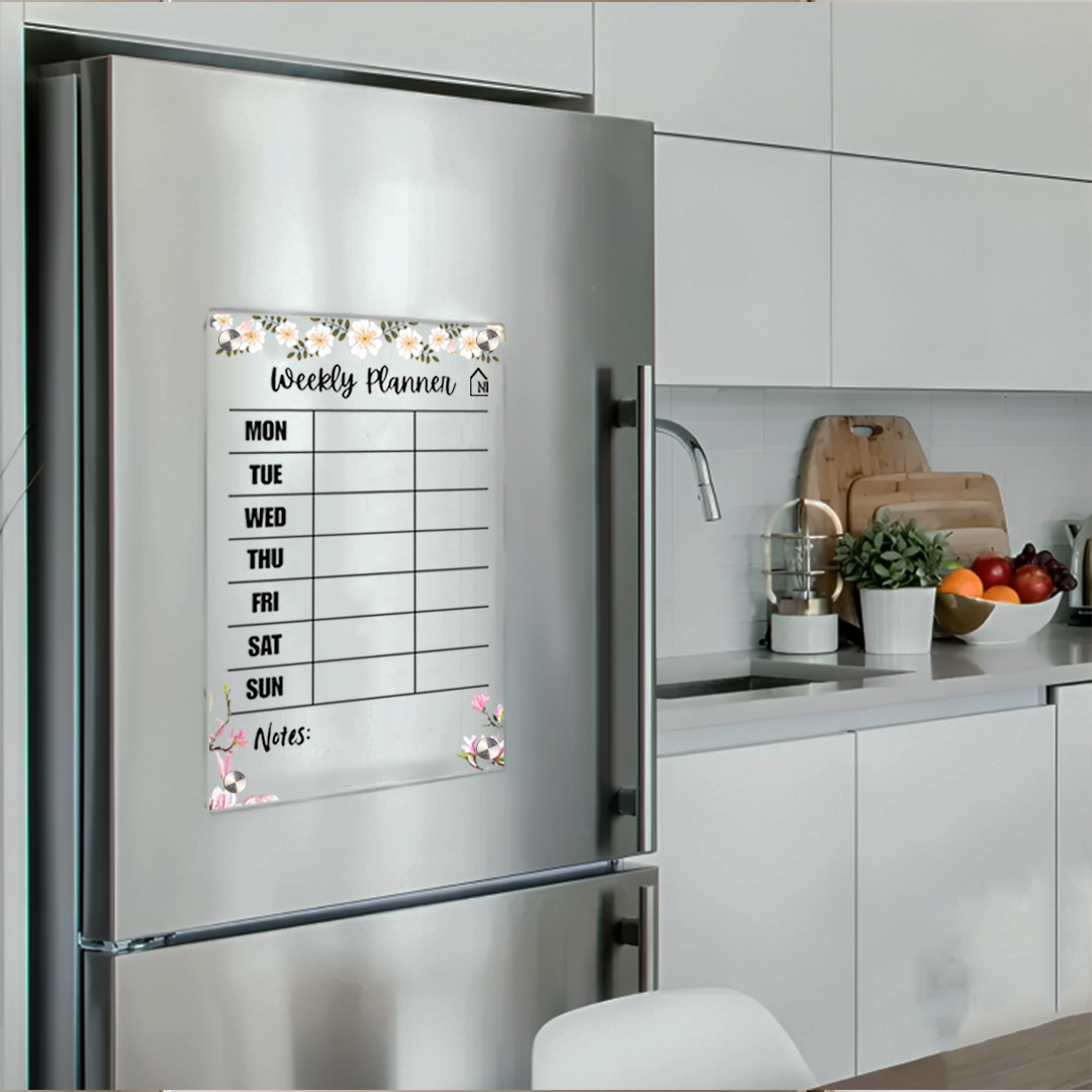 Floral Black Acrylic Weekly Planner | Magnetic Reusable Fridge Board with Notes Section | Pen and Rag