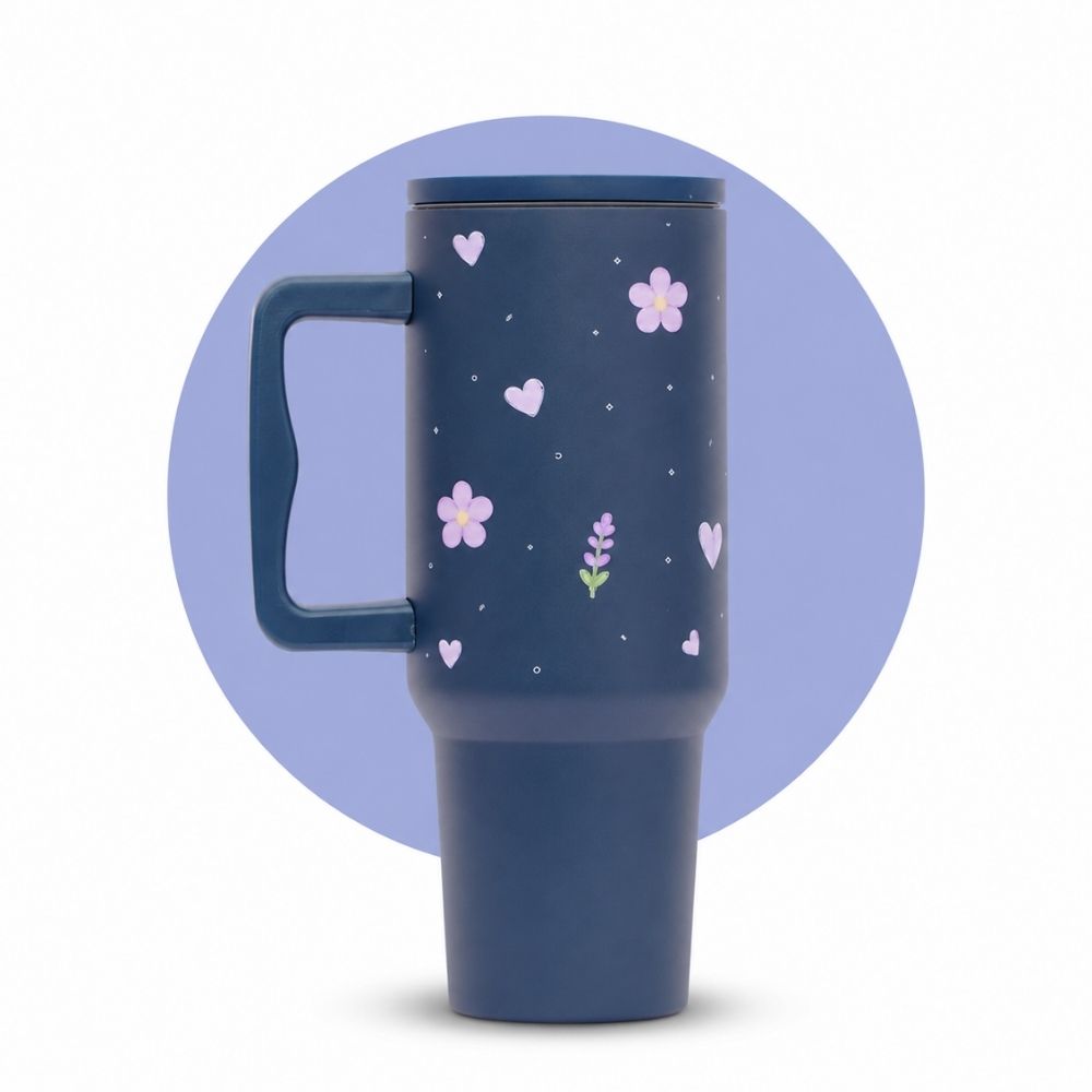 Lavender Floral Stainless Steel Travel Tumbler with Handle & Leakproof.