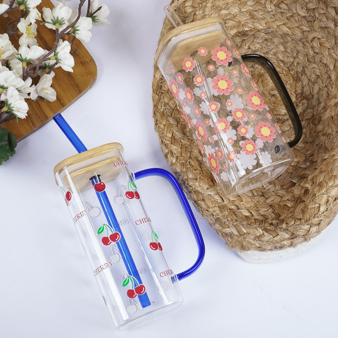 Set-2 Cherry & Floral Glass Cup with Bamboo Lid & Straw - Memories Insite