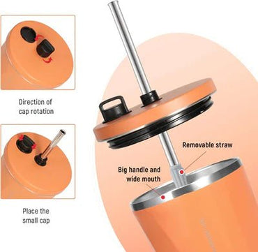Stainless Steel Coffee Mug with Lid, 600 ml Thermal Mug with Straw, Tea Cup, Travel Mug, Double-Walled Insulated Leak-Proof Coffee to Go Mug - Memories InsiteDouble Wall Vacuum Flask Tumbler -2