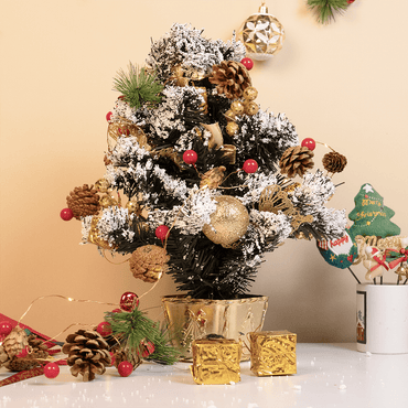 Snow-Frosted Mini Christmas Tree with Golden Decorations ( Random colors) - Memories Insite