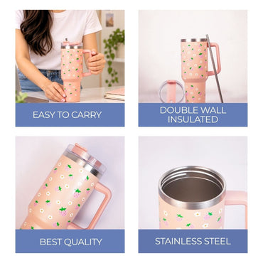 Peach Strawberry Tumbler with Straw & Handle – Cute Pink Fruit Print Travel Tumbler