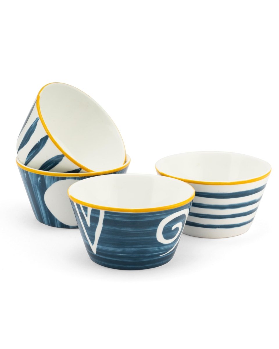 Indigo Charm Ceramic Bowls – Set of 4 | Handcrafted Blue & White Serving Bowls with Golden Rim - Memories InsiteINDIGO CHARMS CERAMIC BOWLS (Set of 4)