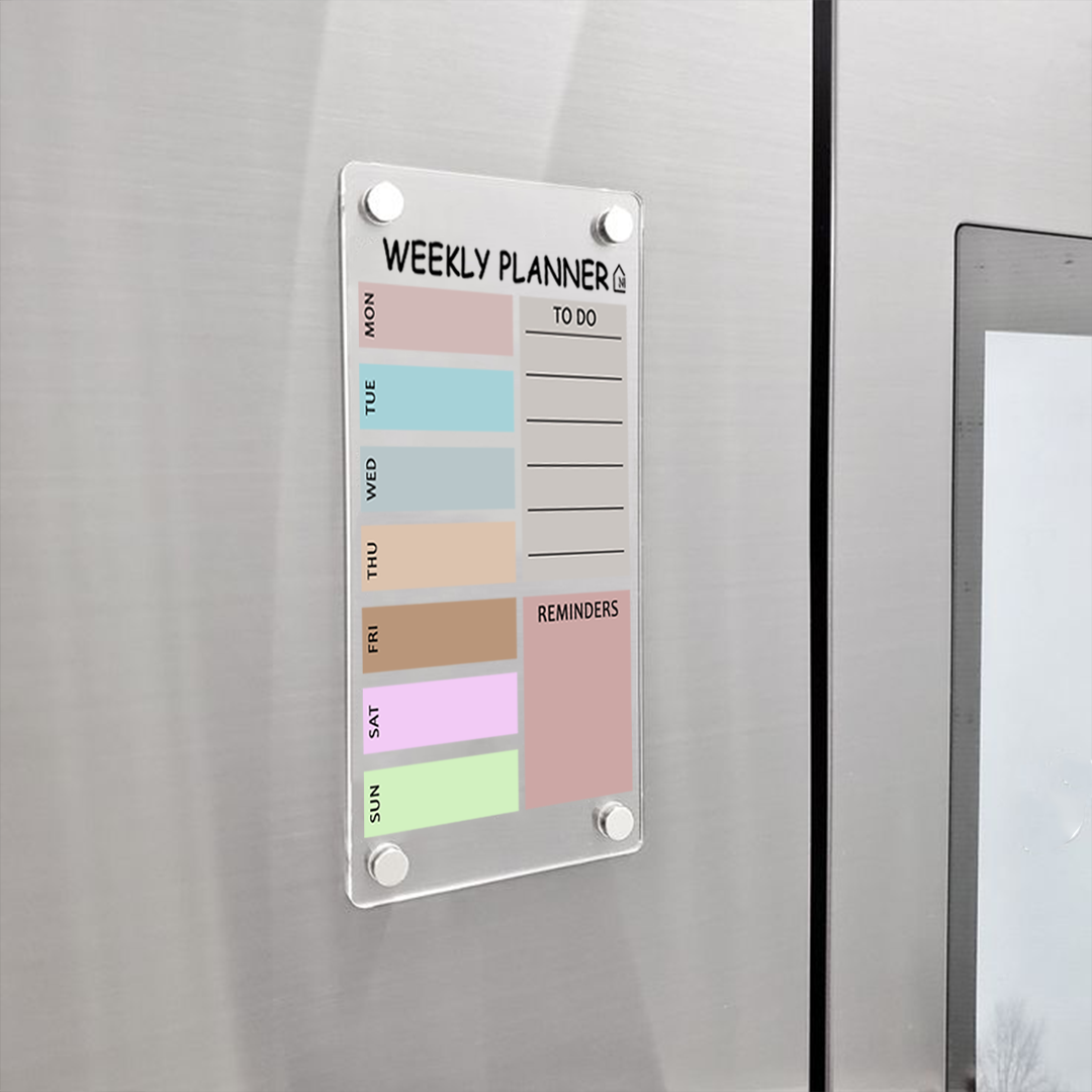 Acrylic Weekly Planner with To-Do & Reminder Sections | Pastel Block Organizer for Fridge | Pen and Rag