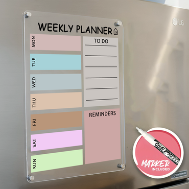 Acrylic Weekly Planner with To-Do & Reminder Sections | Pastel Block Organizer for Fridge | Pen and Rag