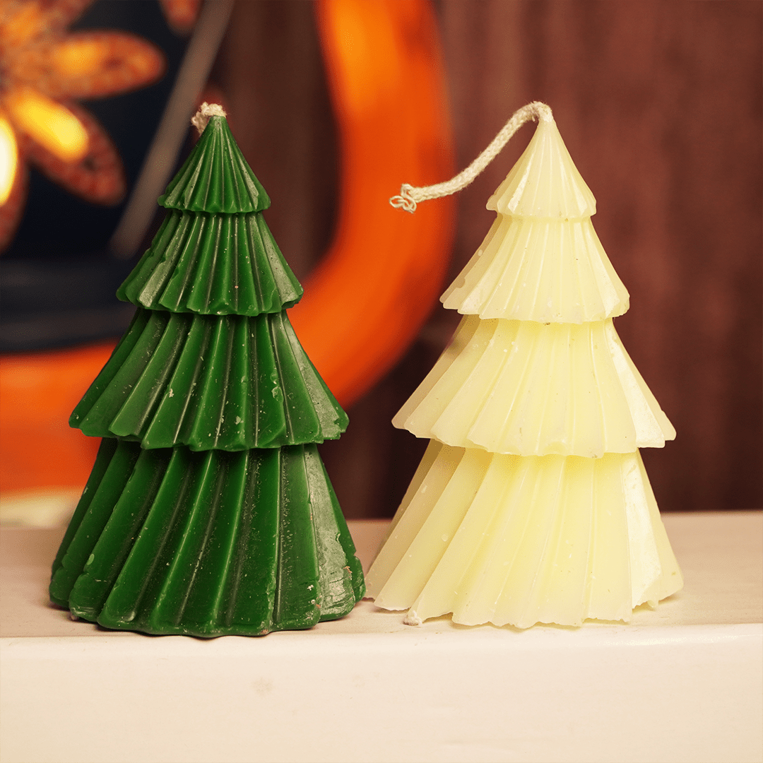Set-2 Christmas Tree Decorative Green And white Candle - Memories Insite