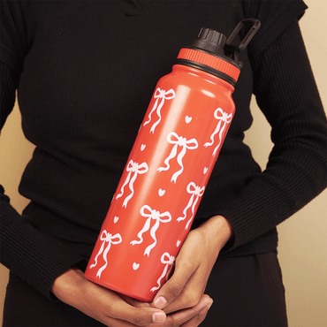 Bow Print Stainless Steel Water Bottle – 600 ML - Memories InsiteBOW PRINT WATER BOTTLE - RED -1