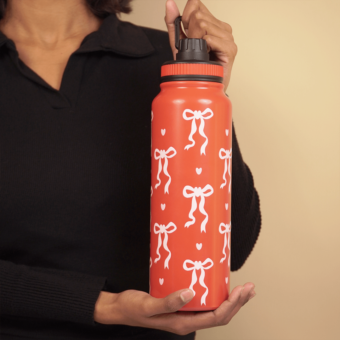 Bow Print Stainless Steel Water Bottle – 600 ML - Memories InsiteBOW PRINT WATER BOTTLE - RED -1
