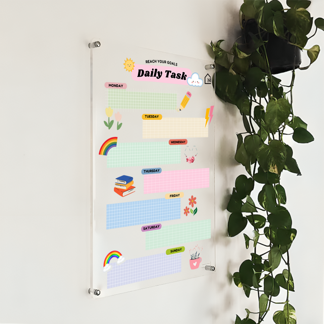Acrylic Daily Task Planner Board – Rainbow Theme Dry Erase Schedule Organizer | Kids & Home Study Wall Board | Monday to Sunday Layout
