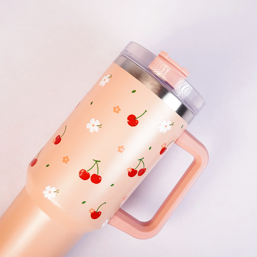 Peach Strawberry Heart Tumbler with Straw & Handle – Cute Floral Travel Tumbler