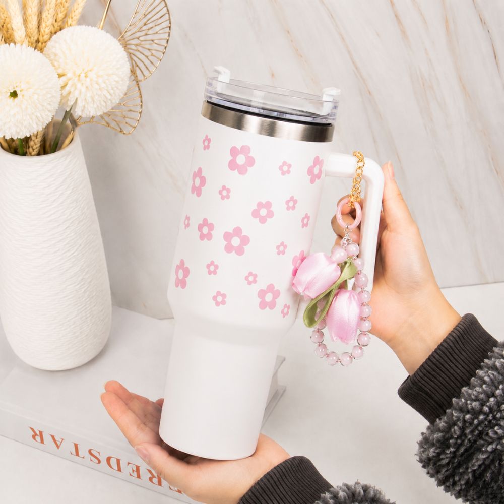 Pink Daisy Stainless Steel Tumbler with Charm | 1.2L Insulated Travel Mug