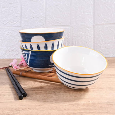 Indigo Charm Ceramic Bowls – Set of 4 | Handcrafted Blue & White Serving Bowls with Golden Rim