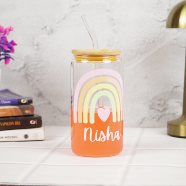 Personalized Rainbow Glass Tumbler with Straw | Cute Aesthetic Name Jar