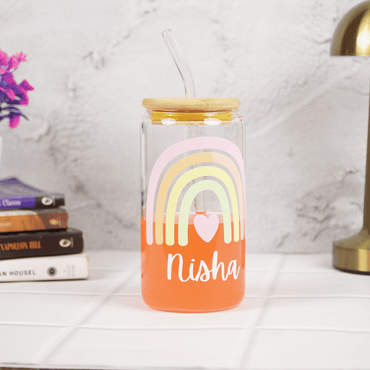 Personalized Rainbow Glass Tumbler with Straw | Cute Aesthetic Name Jar - Memories InsiteRAINBOW GLASS TUMBLER WITH STRAW