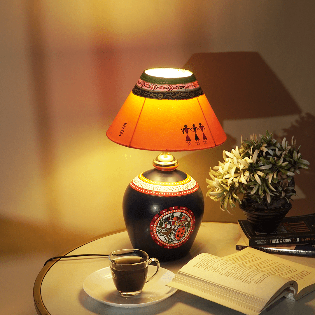 Sunset Tribe Table Lamp – Handpainted Ethnic Decor Light - Memories InsiteSUNSET TRIBE TABLE LAMP - ( ORANGE & BLUE)