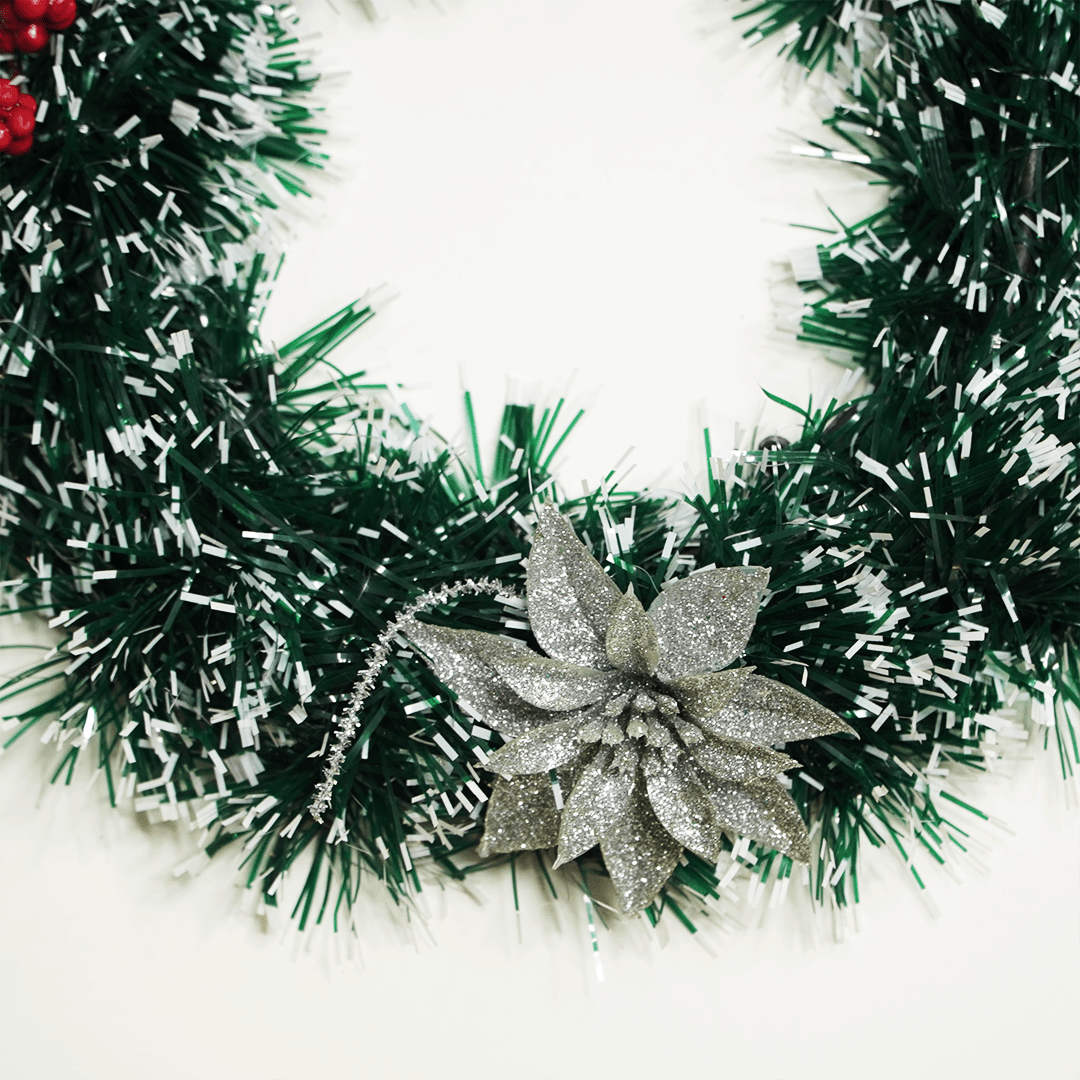 Snow-Frosted Christmas Wreath with Red Bow & Silver Flower - Memories Insite