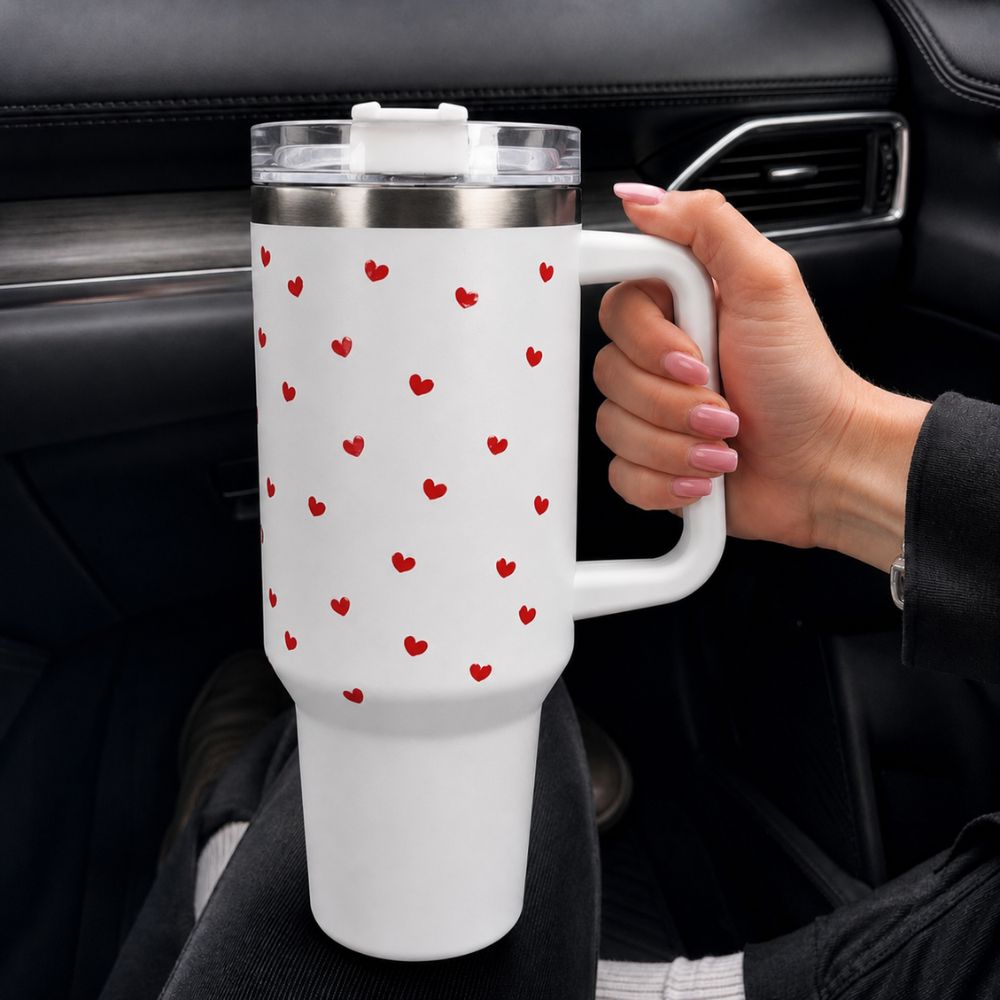Cute Red Heart Print White Stainless Steel Tumbler with Handle