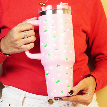 Cute Strawberry Stainless Steel Tumbler with Straw & Handle