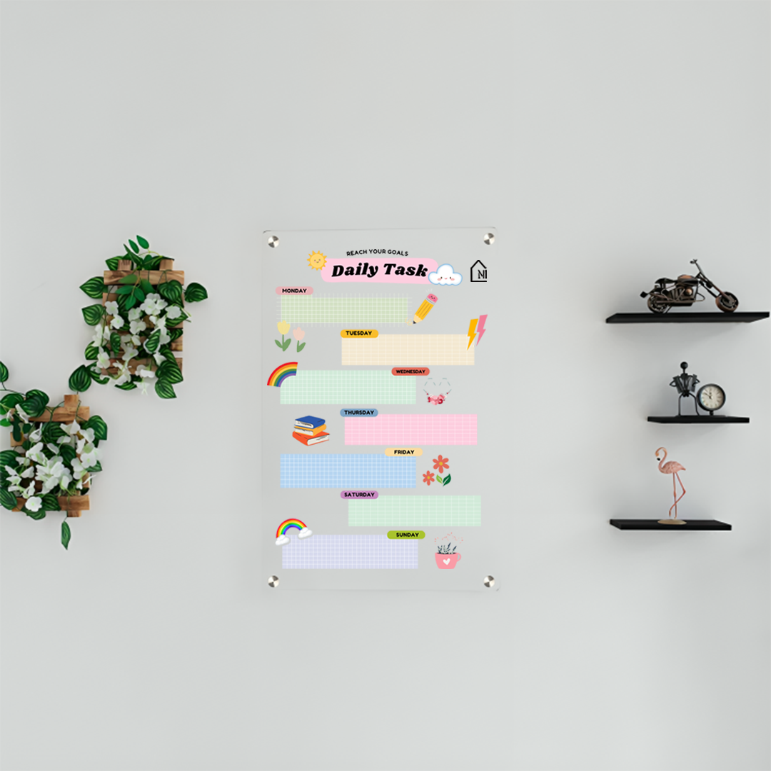 Acrylic Daily Task Planner Board – Rainbow Theme Dry Erase Schedule Organizer | Kids & Home Study Wall Board | Monday to Sunday Layout