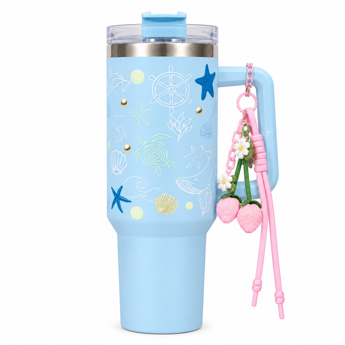 Aqua merin Ocean Theme Insulated Tumbler with Handle, Decorative Sea Life Design Travel Cup with Straw Lid