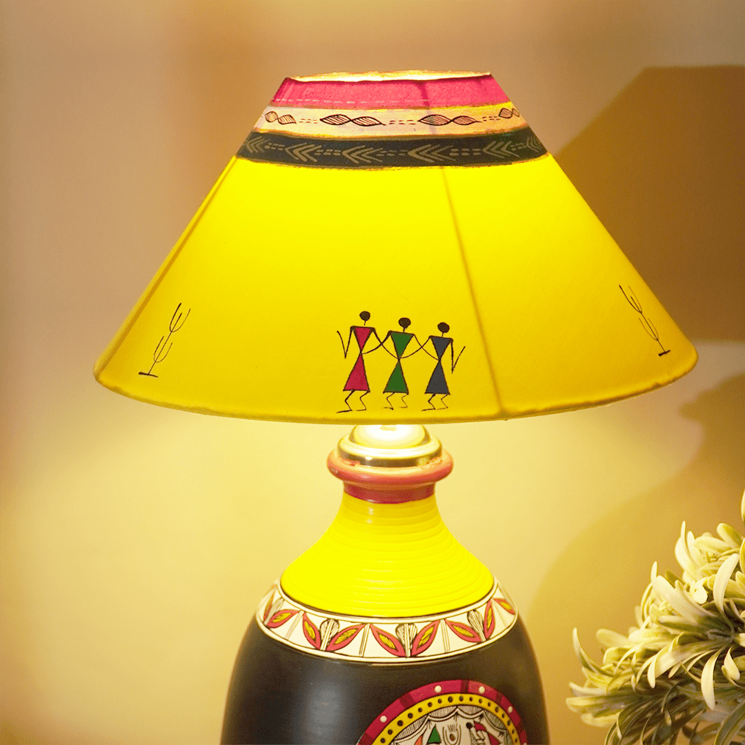 Sunbeam Tribe Table Lamp – Handpainted Ethnic Decor Light - Memories InsiteSUNBEAM TRIBE LAMP - ( YELLOW & BLACK )
