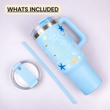 Aqua merin Ocean Theme Insulated Tumbler with Handle, Decorative Sea Life Design Travel Cup with Straw Lid