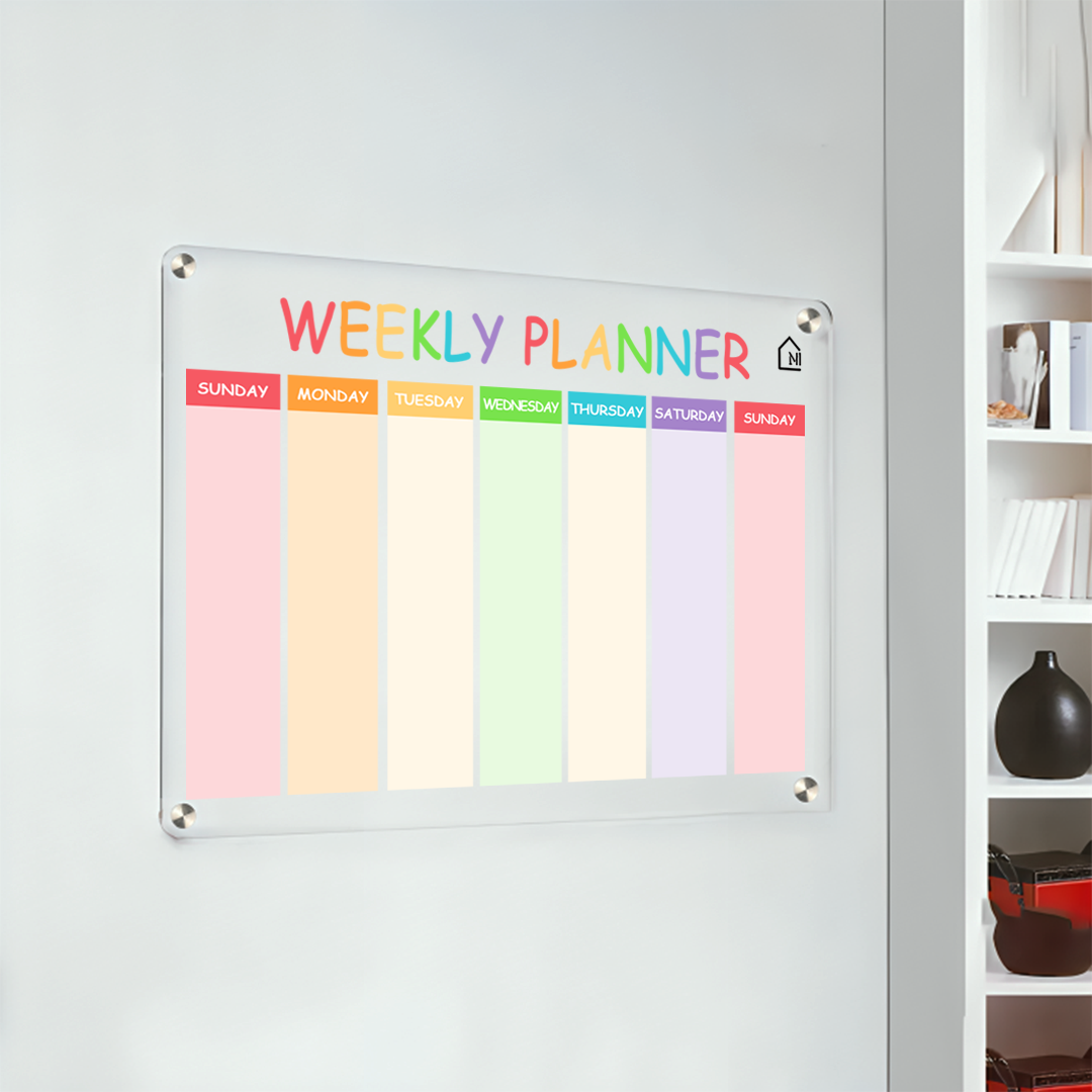 Acrylic Weekly Wall Planner – Reusable Dry Erase Rainbow Schedule Board | Sunday Start | Color-Coded Weekly Organizer for Home, Office & Study