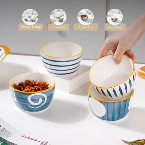 Indigo Charm Ceramic Bowls – Set of 4 | Handcrafted Blue & White Serving Bowls with Golden Rim