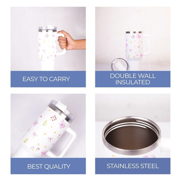 White Floral Butterfly Tumbler with Straw & Handle – Cute Aesthetic Travel Tumbler