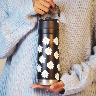 Daisy Print Black Stainless Steel Water Bottle