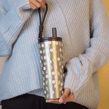 Floral Stainless Steel Tumbler with Straw - Memories InsiteFLORAL STAINLESS STEEL TUMBLER WITH STRAW