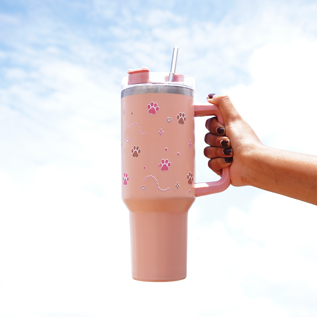 Floral Paw Print Tumbler with Handle & Straw | Reusable Travel Water Cup | Stylish Drinkware