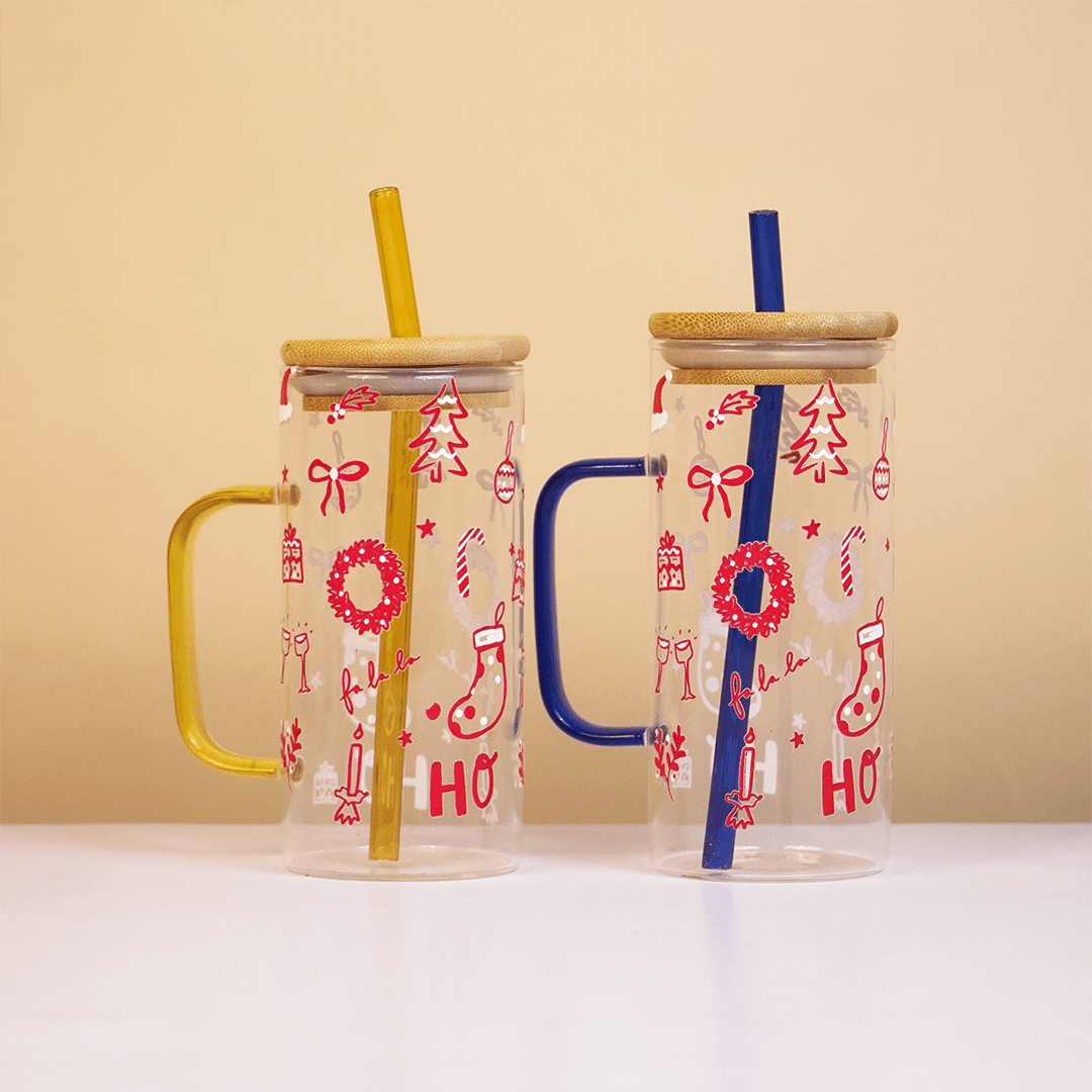 Christmas Glass Tumbler with Handle & Bamboo Lid – Set of 2 | Festive Holiday Design with Straw - Memories Insite