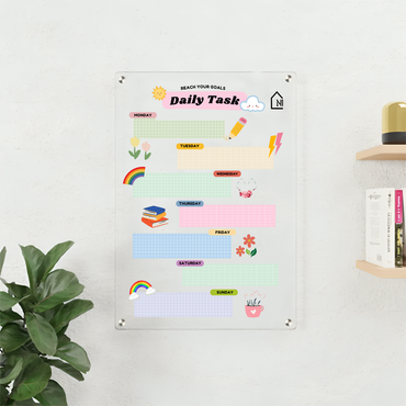 Acrylic Daily Task Planner Board – Rainbow Theme Dry Erase Schedule Organizer | Kids & Home Study Wall Board | Monday to Sunday Layout