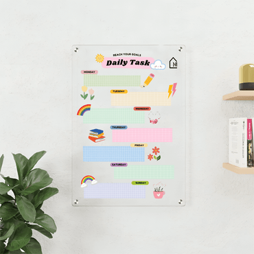Acrylic Daily Task Planner Board – Rainbow Theme Dry Erase Schedule Organizer | Kids & Home Study Wall Board | Monday to Sunday Layout - Memories InsiteRAINBOW WEEKLY PLANNER II