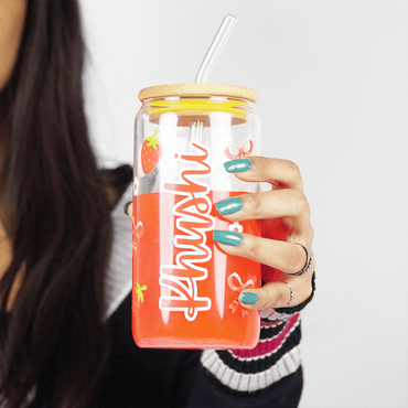 Personalized Strawberry Glass Tumbler with Bamboo Lid & Straw - Memories InsitePERSONALIZED STRAWBERRY GLASS TUMBLER