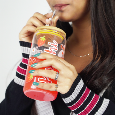Personalized Strawberry Glass Tumbler with Bamboo Lid & Straw