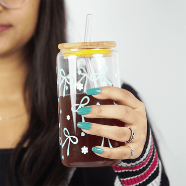 Cute Bow Print Glass Tumbler with Bamboo Lid & Straw - Memories InsiteCUTE BOW PRINTED GLASS TUMBLER