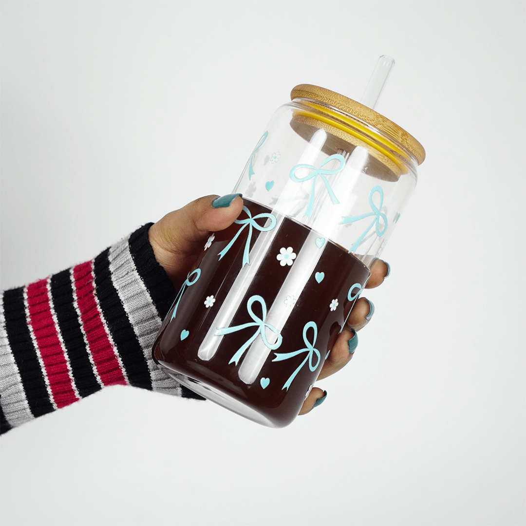 Cute Bow Print Glass Tumbler with Bamboo Lid & Straw - Memories InsiteCUTE BOW PRINTED GLASS TUMBLER