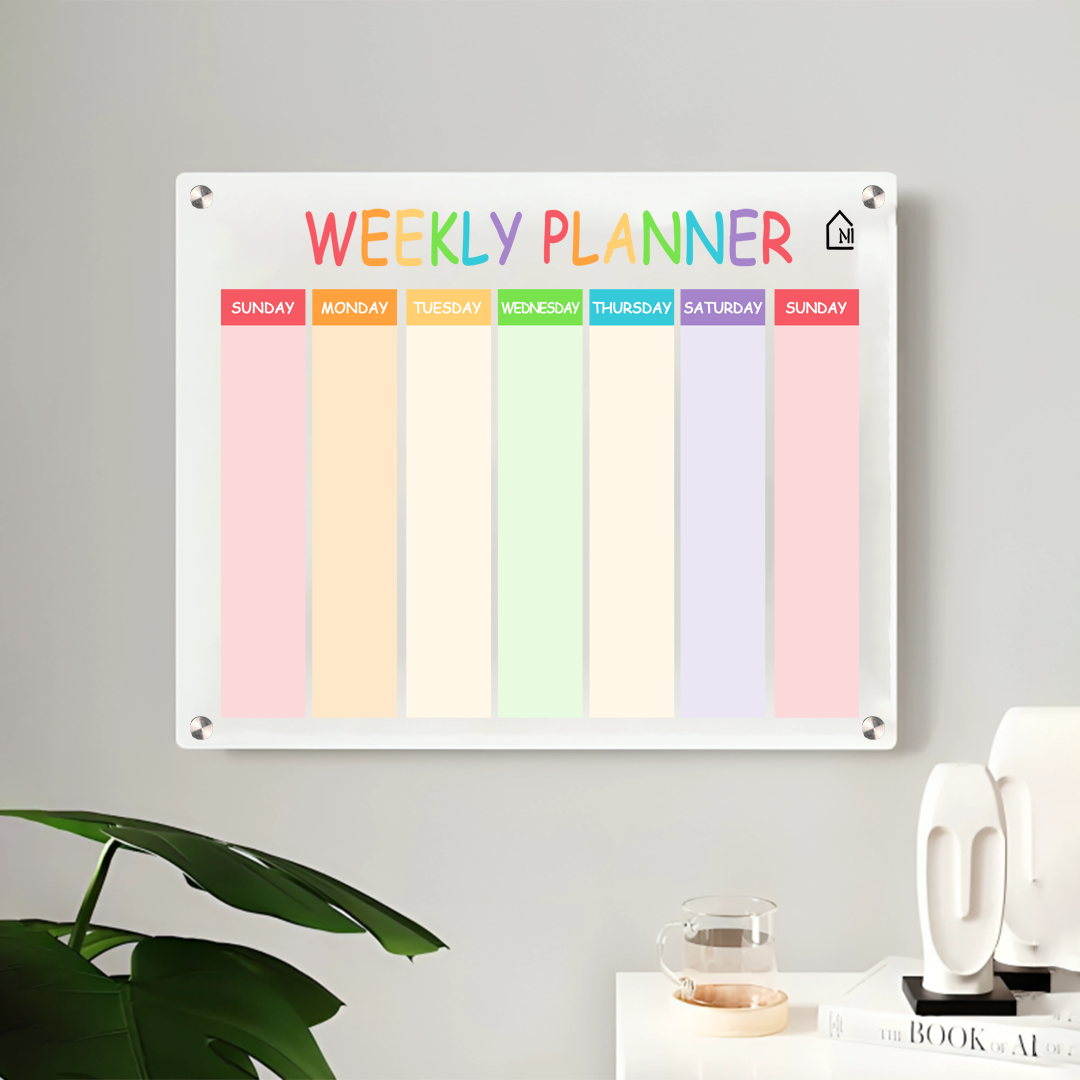White Acrylic Weekly Wall Planner – Reusable Dry Erase Rainbow Schedule Board | Sunday Start | Color-Coded Weekly Organizer for Home, Office & Study