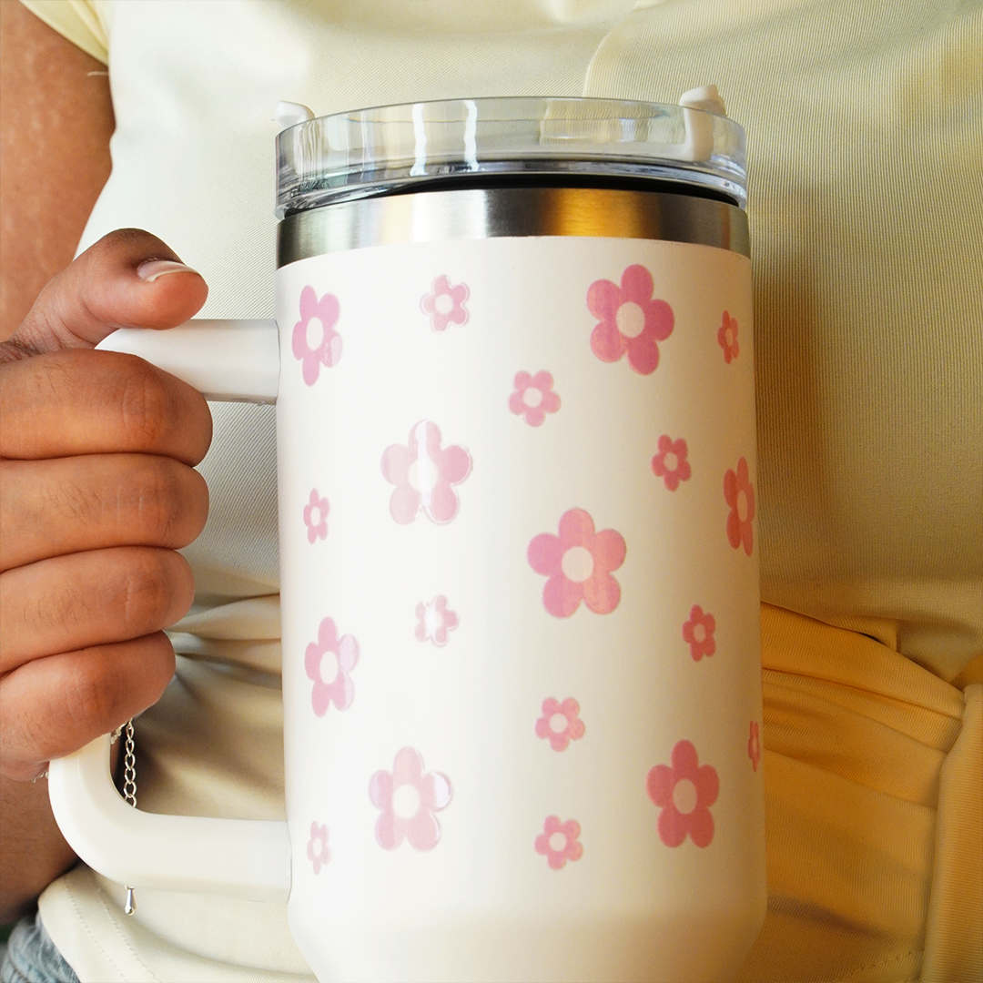 Pink Daisy Stainless Steel Tumbler with Charm | 1.2L Insulated Travel Mug