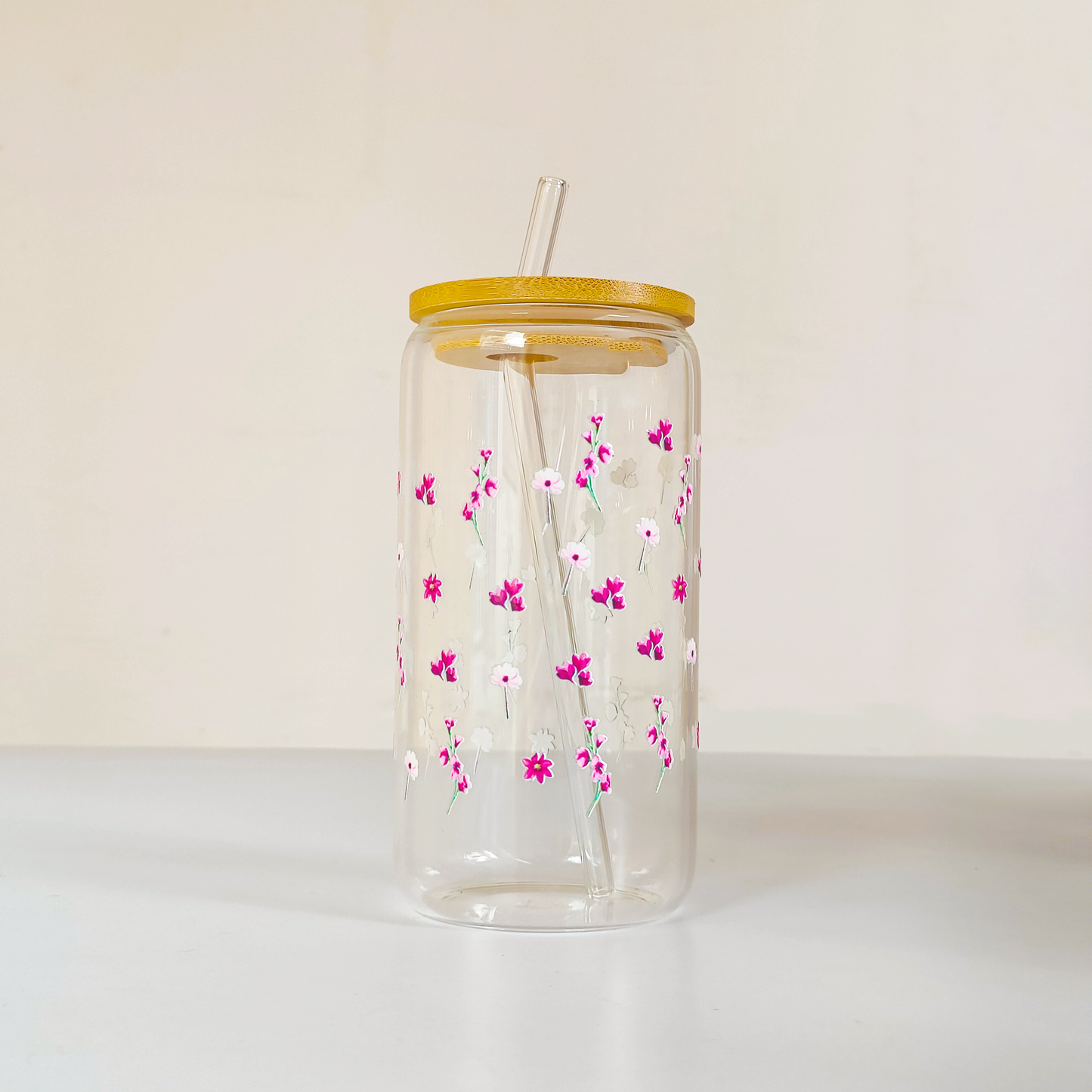 Pink Blossom Glass Tumbler with Bamboo Lid & Straw – Elegant Floral Drinkware