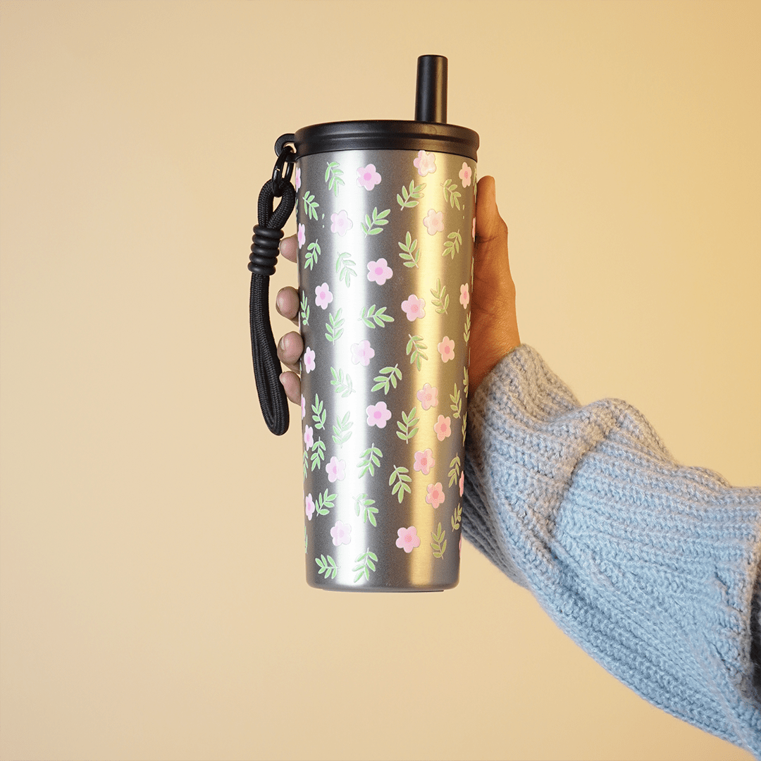 Floral Stainless Steel Tumbler with Straw - Memories InsiteFLORAL STAINLESS STEEL TUMBLER WITH STRAW