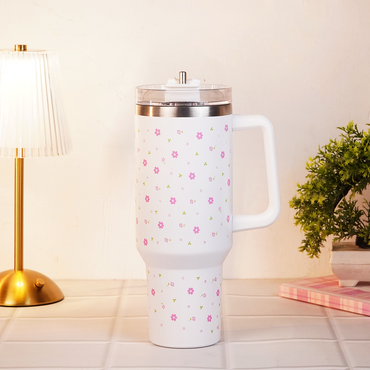Delicate Pink Flower Tumbler with Handle & Straw