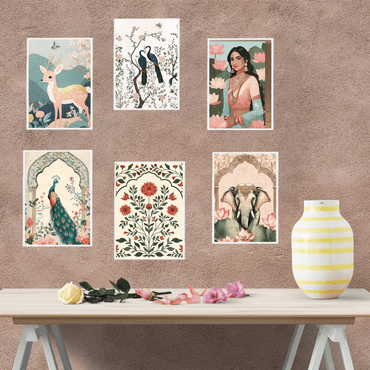 Set- 6 Royal Nature & Ethnic Wall Art | Deer, Peacock, Elephant & Floral Paintings - Memories InsiteNATURE & ETHNIC DESIGN FRAME-BLACK