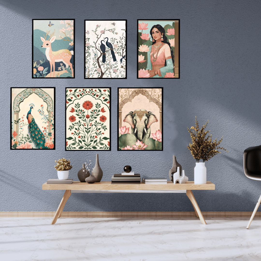 Set- 6 Royal Nature & Ethnic Wall Art | Deer, Peacock, Elephant & Floral Paintings - Memories InsiteNATURE & ETHNIC DESIGN FRAME-BLACK