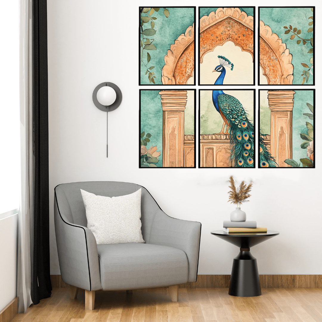 Set- 6 Royal Peacock Multi-Frame Wall Art | Traditional Indian Décor - Memories InsitePEACOCK MULTI DESIGN -FRAME- WHITE