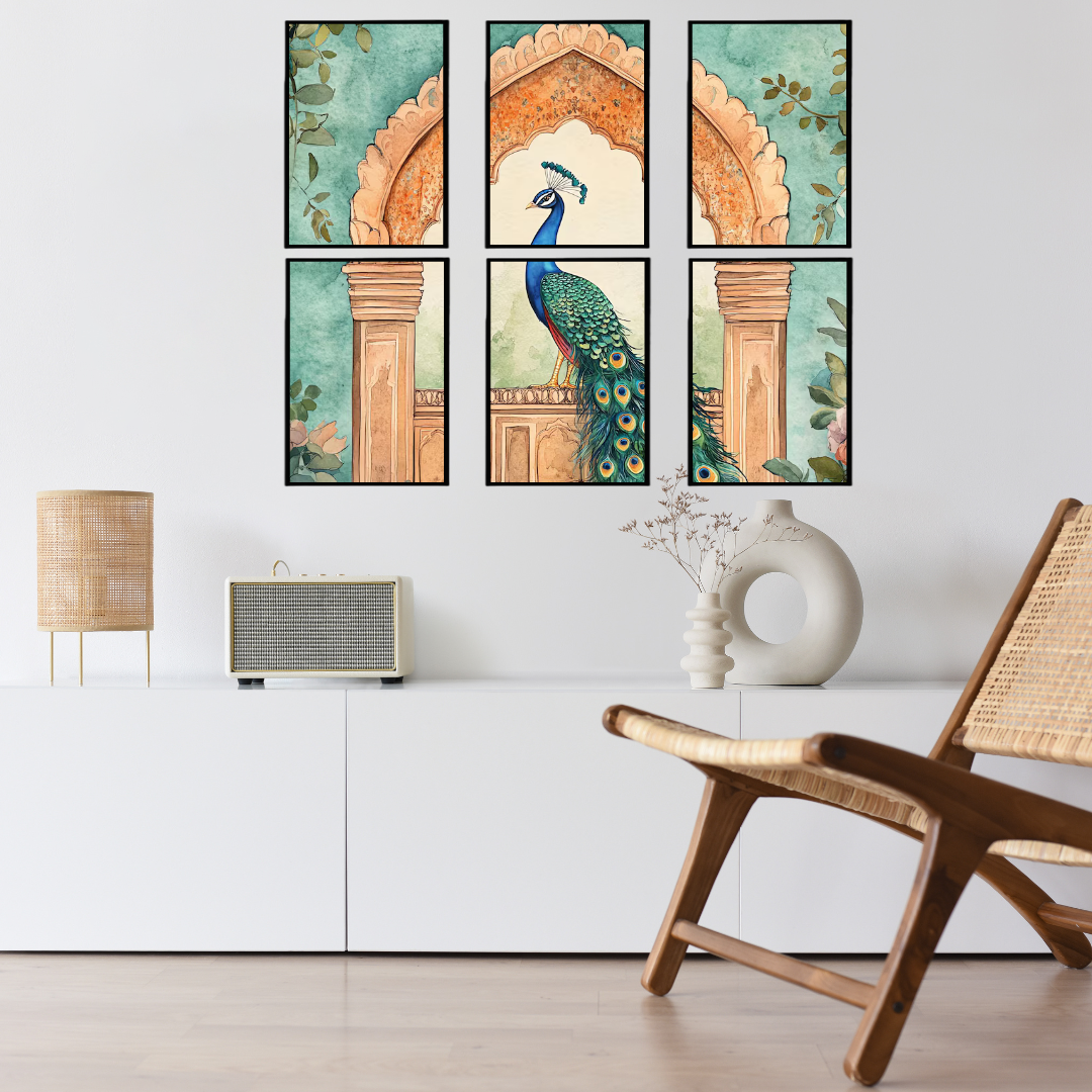 Royal Peacock Multi-Frame Wall Art | Traditional Indian Décor