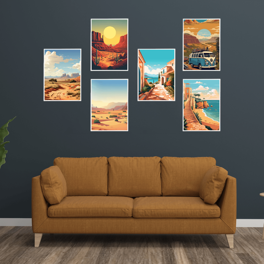 Travel & Adventure Wall Art Set | Desert, Beach & Road Trip Posters SET OF 6 - Memories InsiteADVENTUR WALL FRAME - BLACK SET OF 6